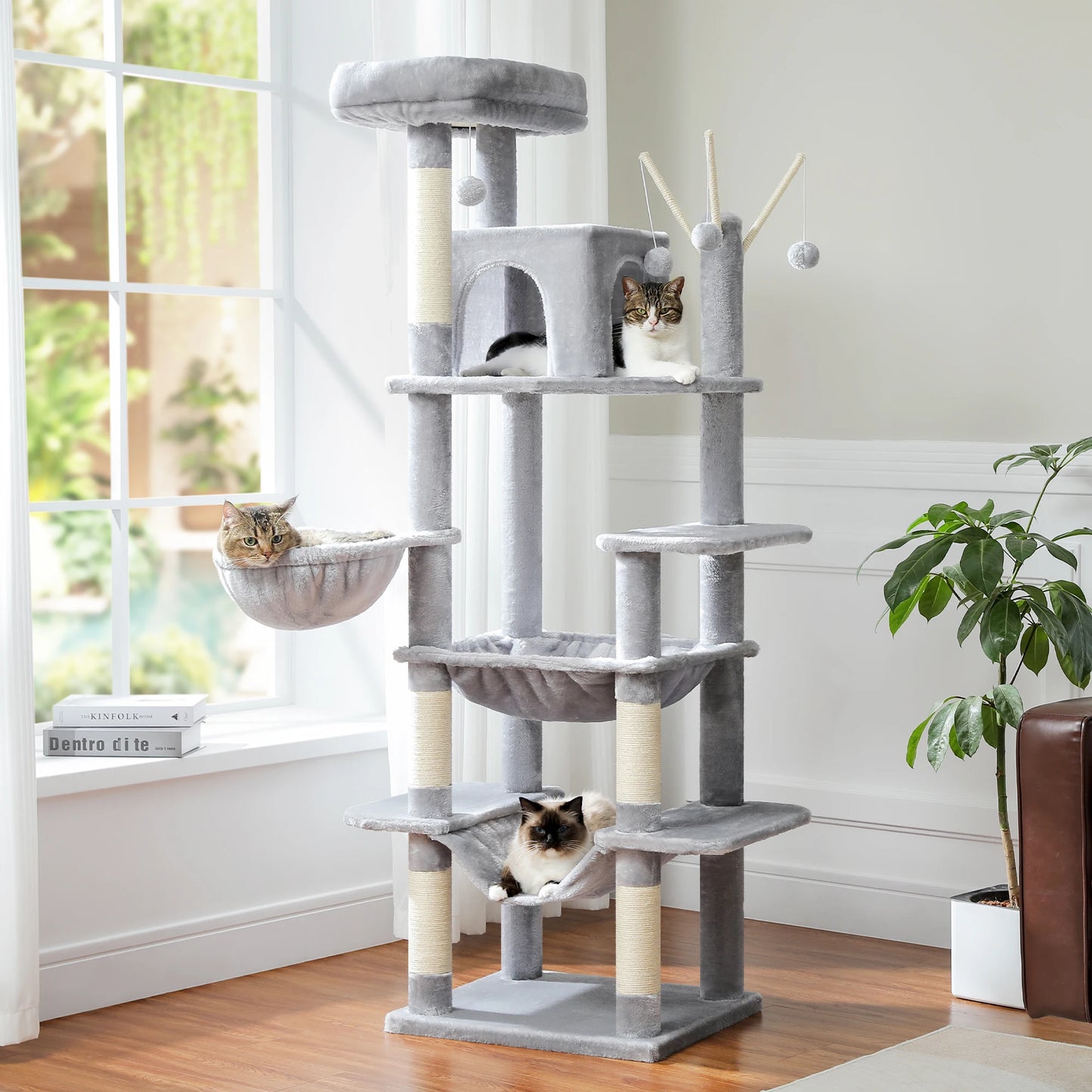 Tall Multi‑Level Plush Cat Tower With Scratching Caves.