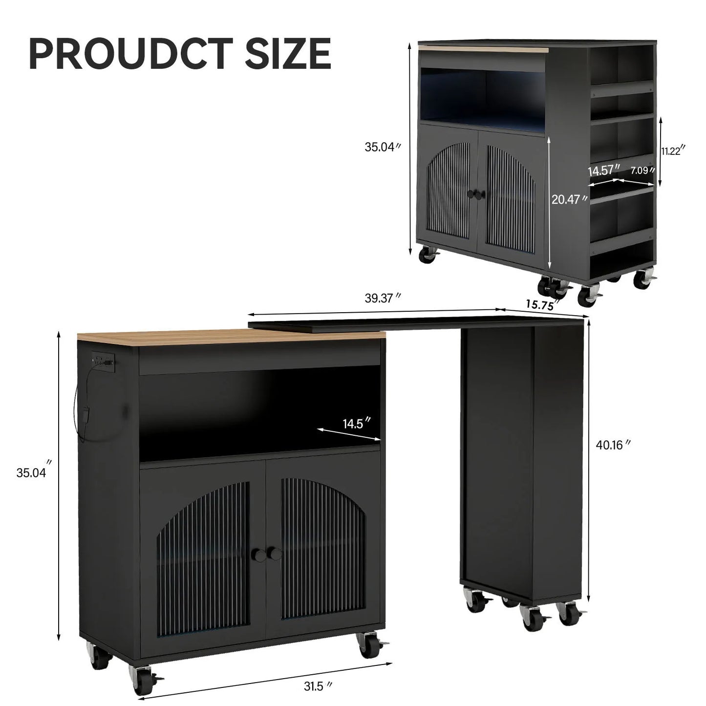 US Kitchen Island On Wheels with Extended Table MDF Rolling Kitchen Storage Cart LED Light Power Outlets 2 Fluted Glass Doors