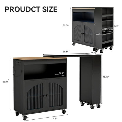 US Kitchen Island On Wheels with Extended Table MDF Rolling Kitchen Storage Cart LED Light Power Outlets 2 Fluted Glass Doors