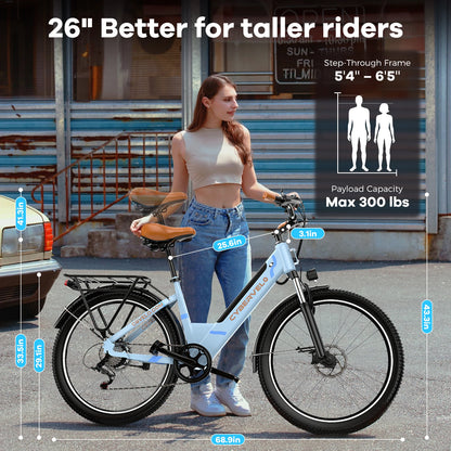 1000W Peak Electric Bike for Adults Cybervelo EK2 26" Step-Thru 14Ah Removable Battery 80Miles City Commuter Ebike