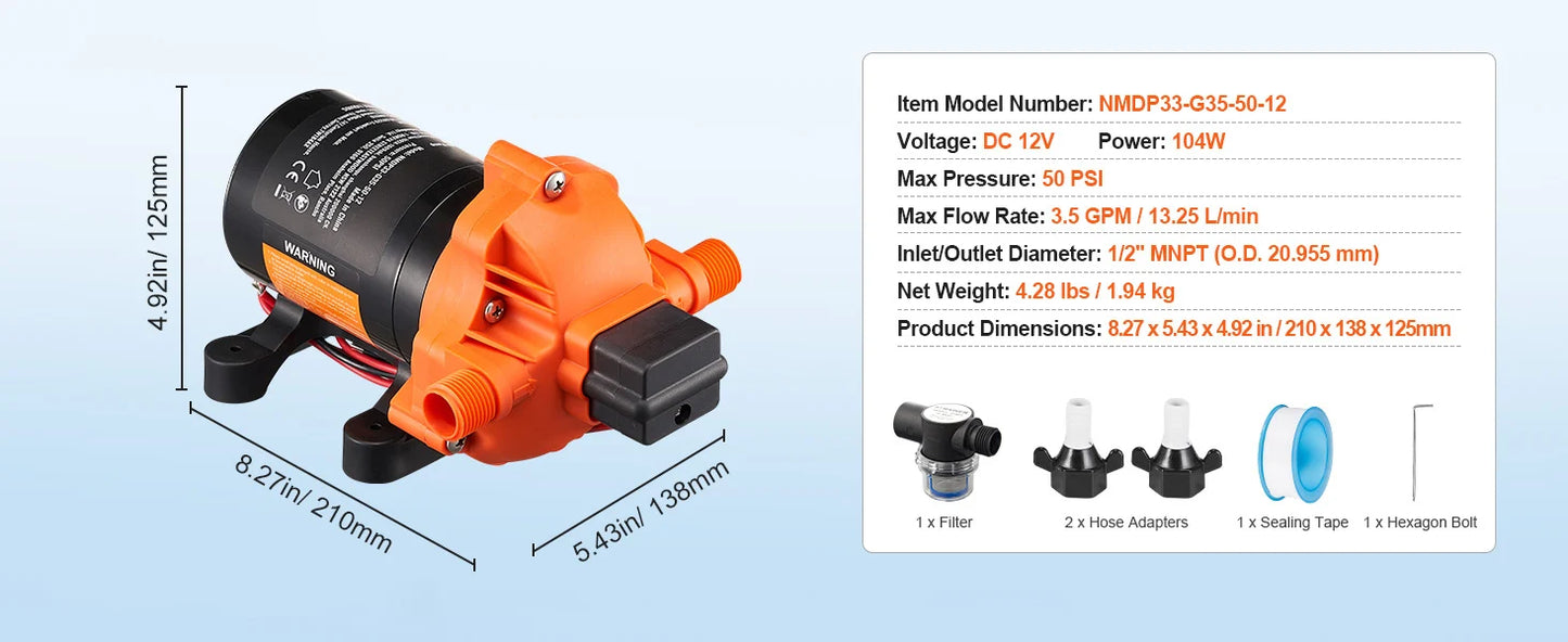 12V Diaphragm Pump 1.8/3/3.5/5 GPM 3/4/5-Chamber 40-100 PSI Adjustable 1/2'' MNPT Port for RV Yacht Food Truck Camper