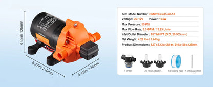 12V Diaphragm Pump 1.8/3/3.5/5 GPM 3/4/5-Chamber 40-100 PSI Adjustable 1/2'' MNPT Port for RV Yacht Food Truck Camper