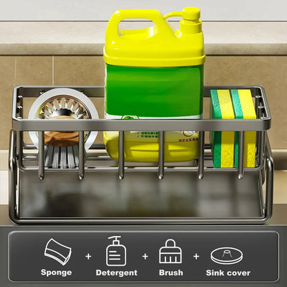 Compact Carbon Steel Sink Organizer With Tilted Drain Tray.