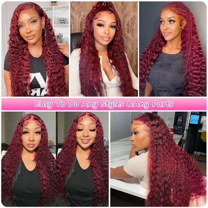 Burgundy deep‑wave wig, 13x4 HD lace.