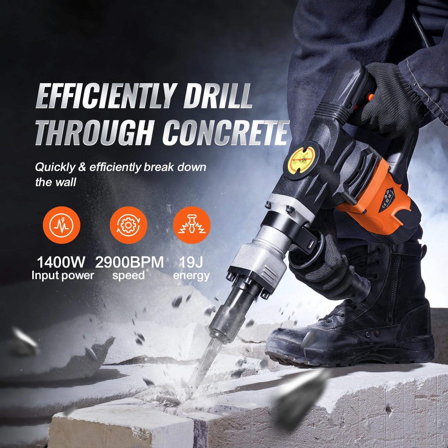 1400W Demolition Jack Hammer Electric Jackhammer Heavy Duty 2900 BPM Concrete Breaker 2pcs Chisels Bits Chipping