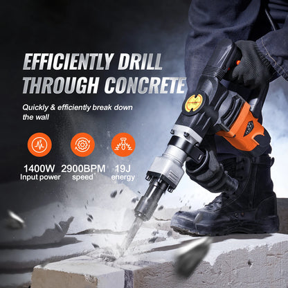 1400W Demolition Jack Hammer Electric Jackhammer Heavy Duty 2900 BPM Concrete Breaker 2pcs Chisels Bits Chipping