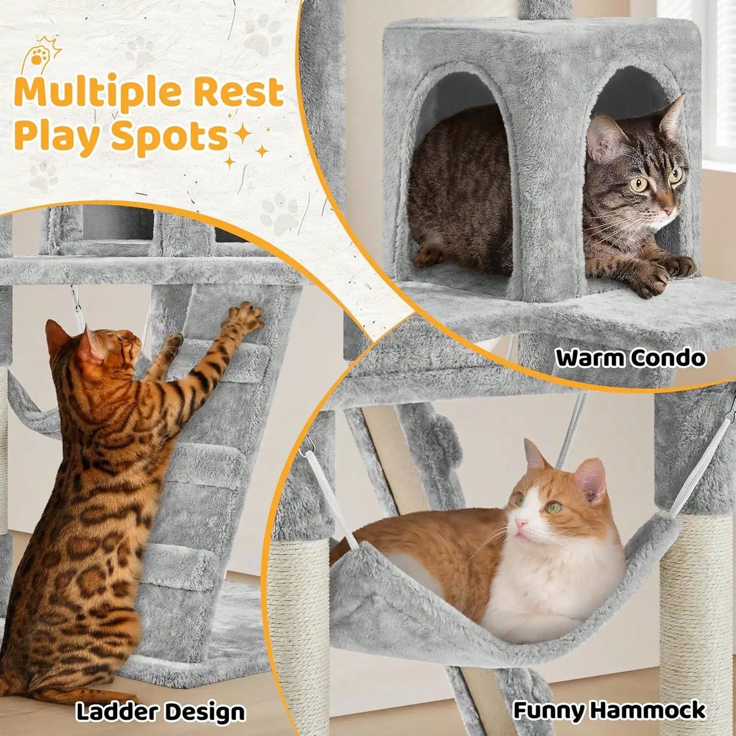 54in Multi-Level Cat Tree Tower With Perch Condo Hammock Scratching Posts Interactive Toy