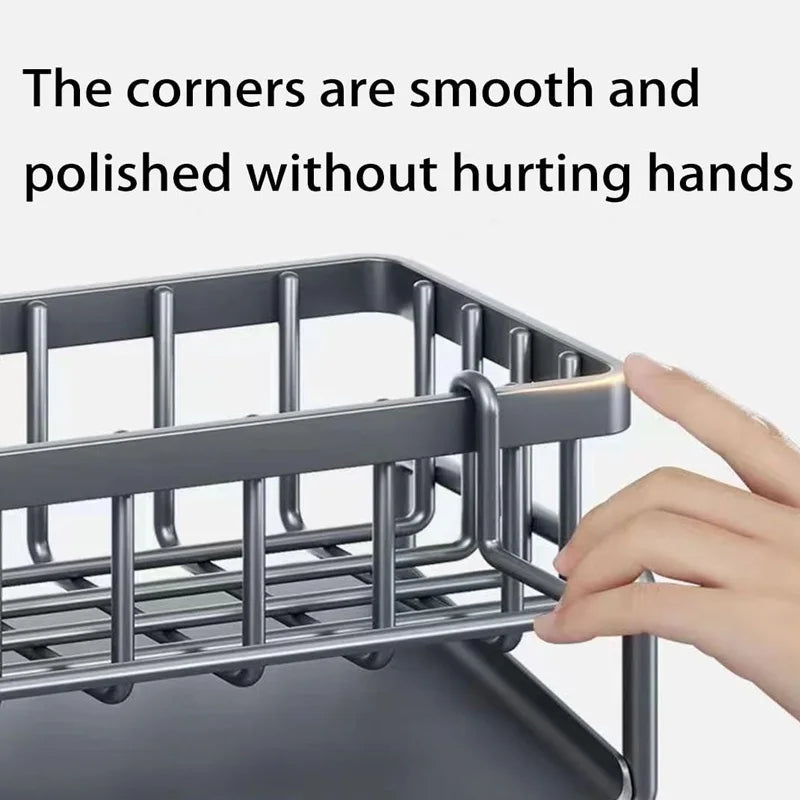 Compact Carbon Steel Sink Organizer With Tilted Drain Tray.