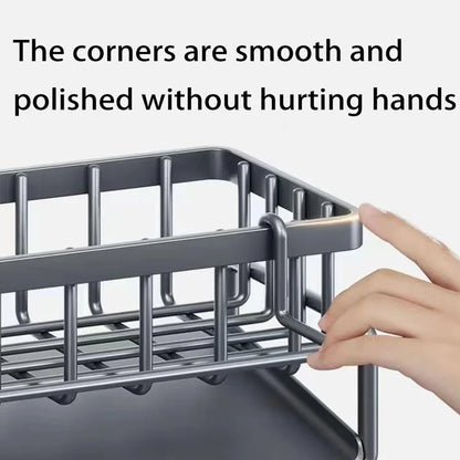Compact Carbon Steel Sink Organizer With Tilted Drain Tray.