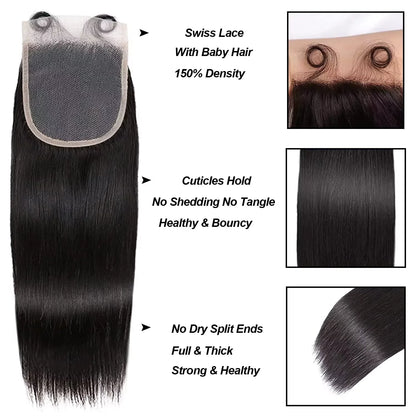 HD 4x4 5x5 13x4 Closure With Bundles Indian Straight Human Hair Bundle With Frontal Invisible Melt Skin HD Lace 3 4 Bundle Weave