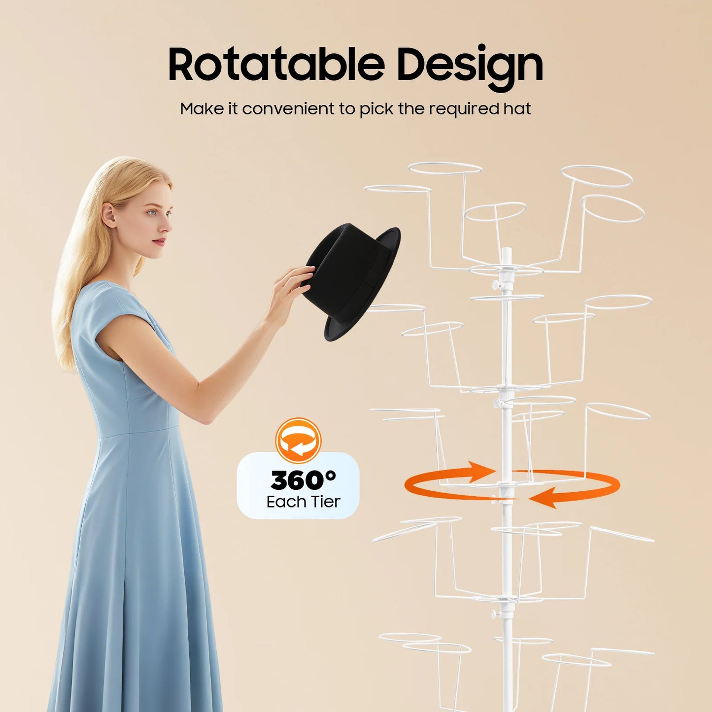 7 Tiers Hat Holder Storage Organizer Freestanding Rotating Hat Display Rack Stand with 35 Hooks Hat Cap Hanger Rack with Wheels