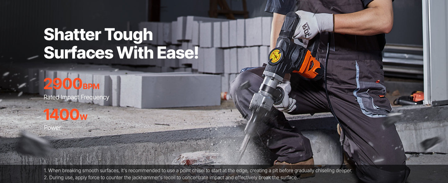 1400W Demolition Jack Hammer Electric Jackhammer Heavy Duty 2900 BPM Concrete Breaker 2pcs Chisels Bits Chipping